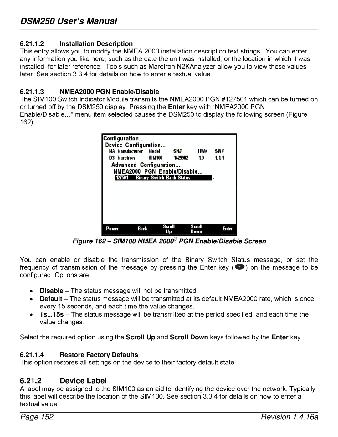 Maretron DSM250-01 user manual SIM100 Nmea 2000 PGN Enable/Disable Screen 