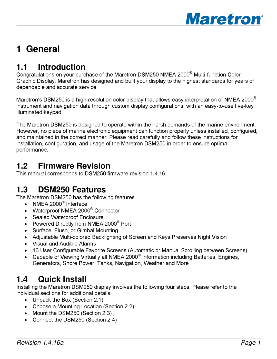 Maretron DSM250-01 user manual Introduction, Firmware Revision, DSM250 Features, Quick Install 