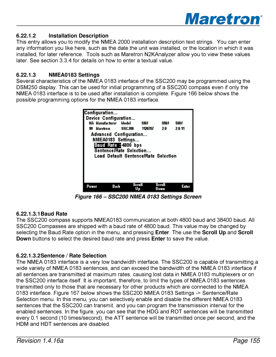 Maretron DSM250-01 user manual NMEA0183 Settings, 22.1.3.1Baud Rate, 22.1.3.2Sentence / Rate Selection 