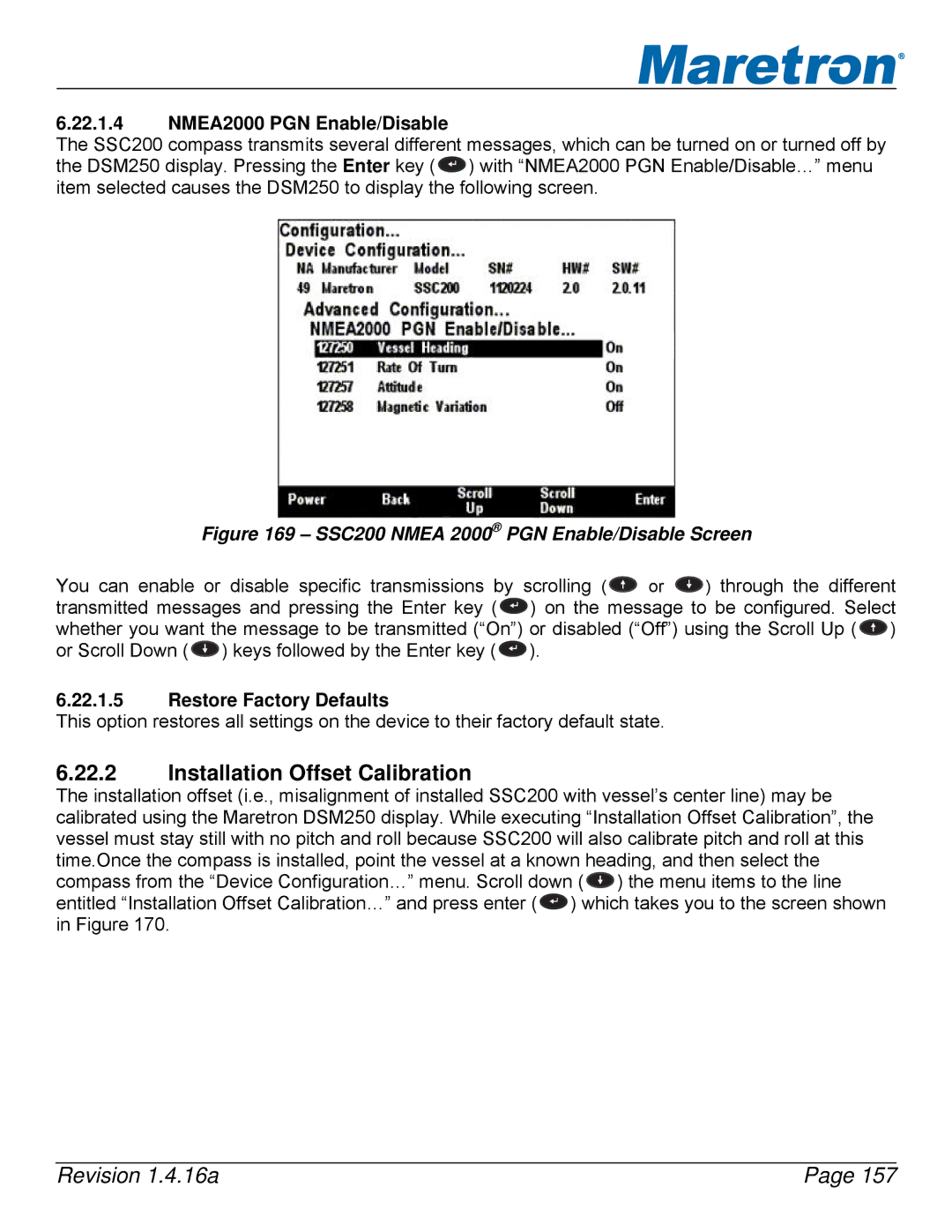 Maretron DSM250-01 user manual Installation Offset Calibration, SSC200 Nmea 2000 PGN Enable/Disable Screen 