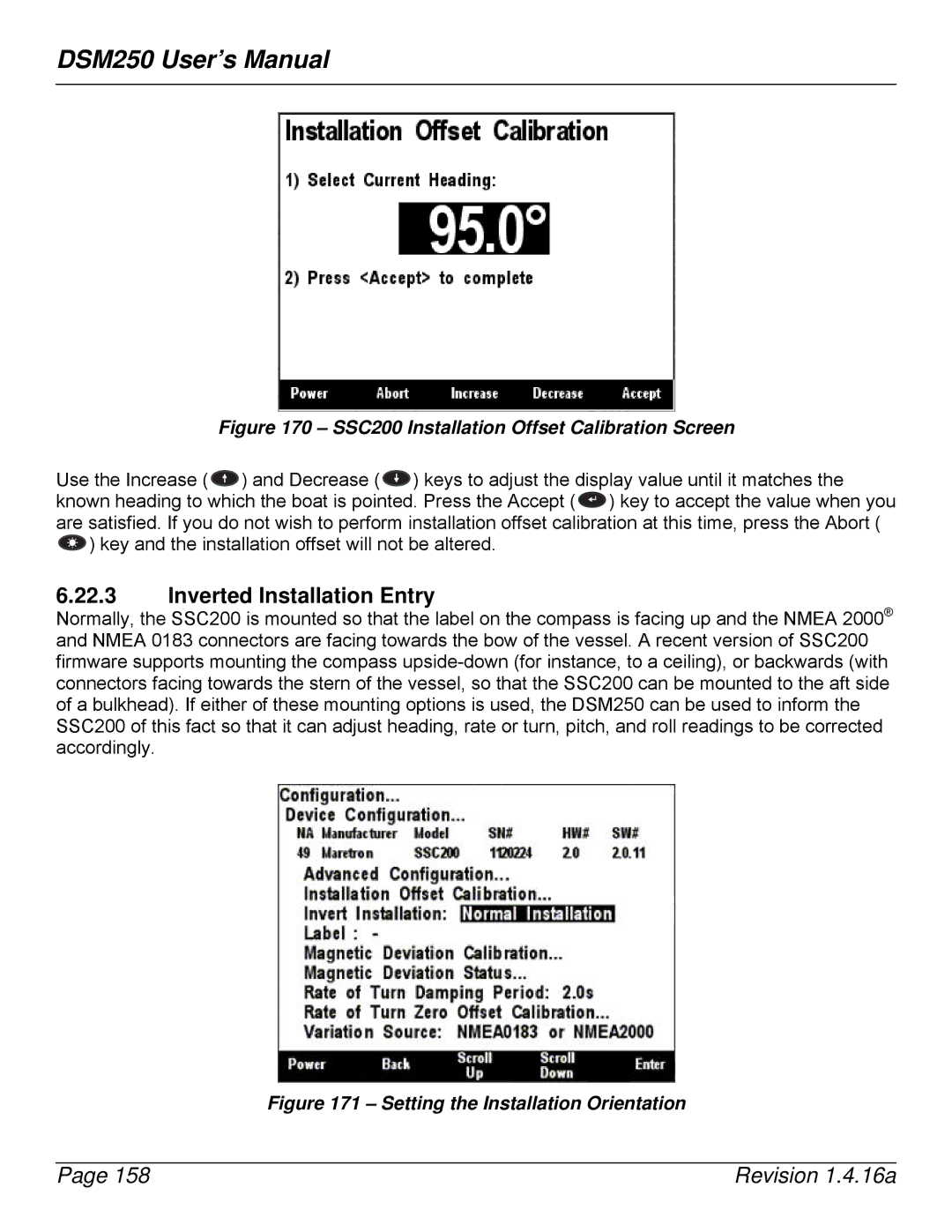 Maretron DSM250-01 user manual Inverted Installation Entry, SSC200 Installation Offset Calibration Screen 