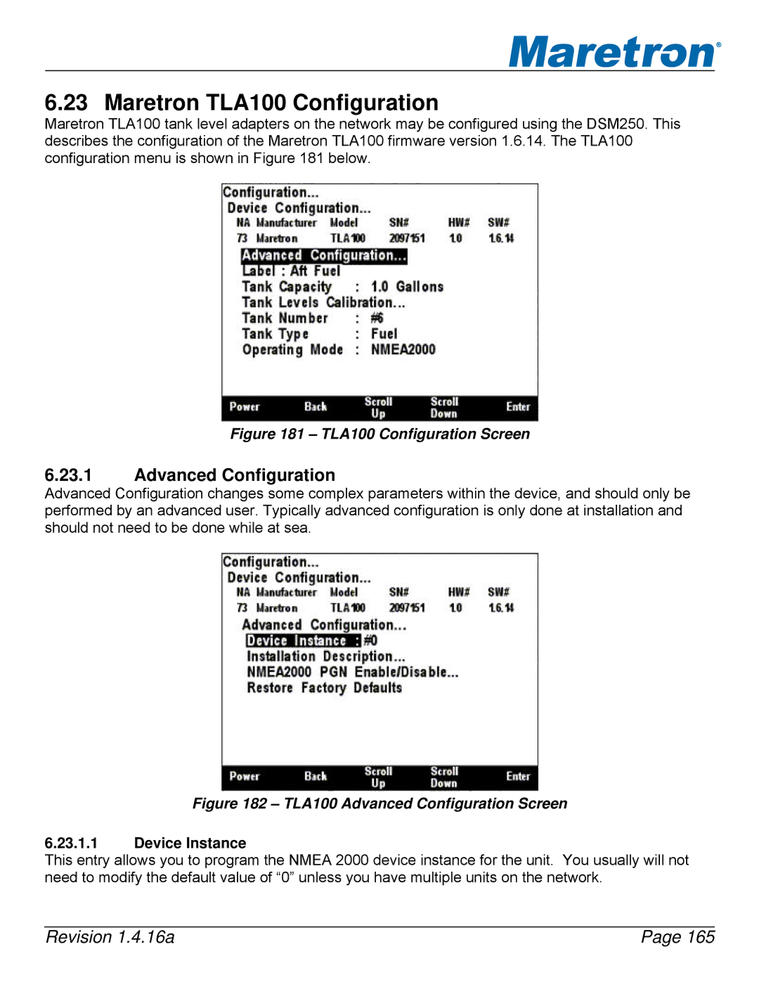 Maretron DSM250-01 user manual Maretron TLA100 Configuration, TLA100 Configuration Screen 