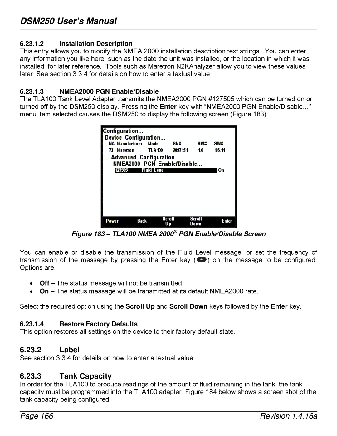 Maretron DSM250-01 user manual Tank Capacity, TLA100 Nmea 2000 PGN Enable/Disable Screen 