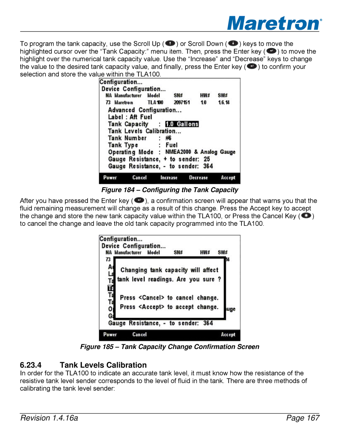 Maretron DSM250-01 user manual Tank Levels Calibration, Configuring the Tank Capacity 