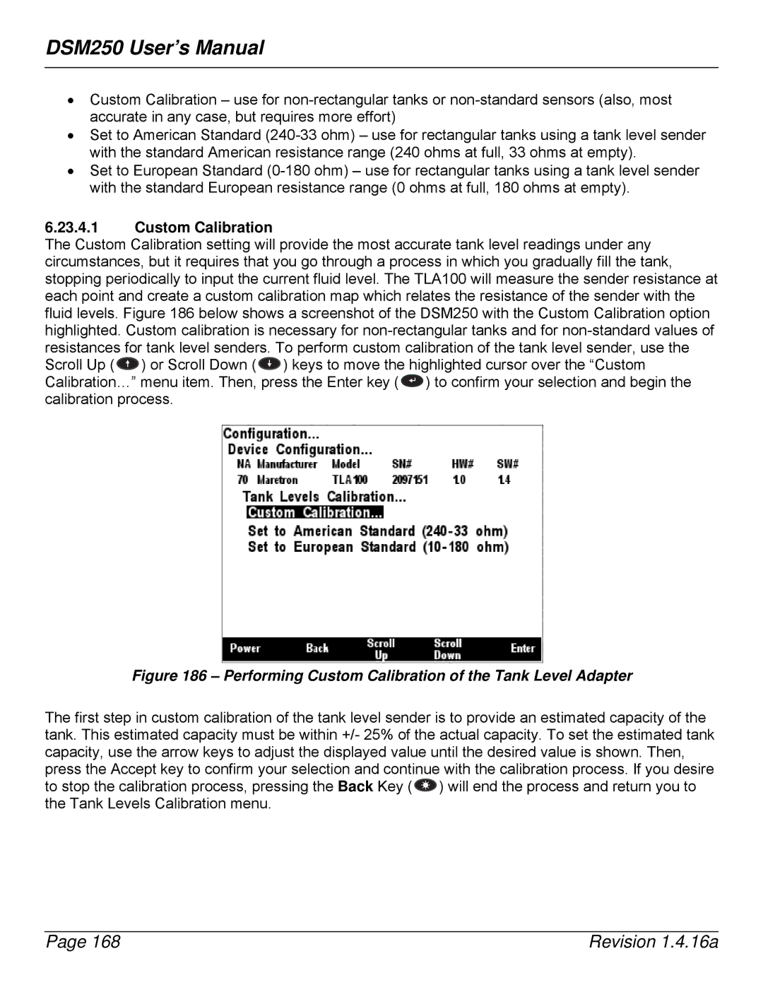 Maretron DSM250-01 user manual Performing Custom Calibration of the Tank Level Adapter 