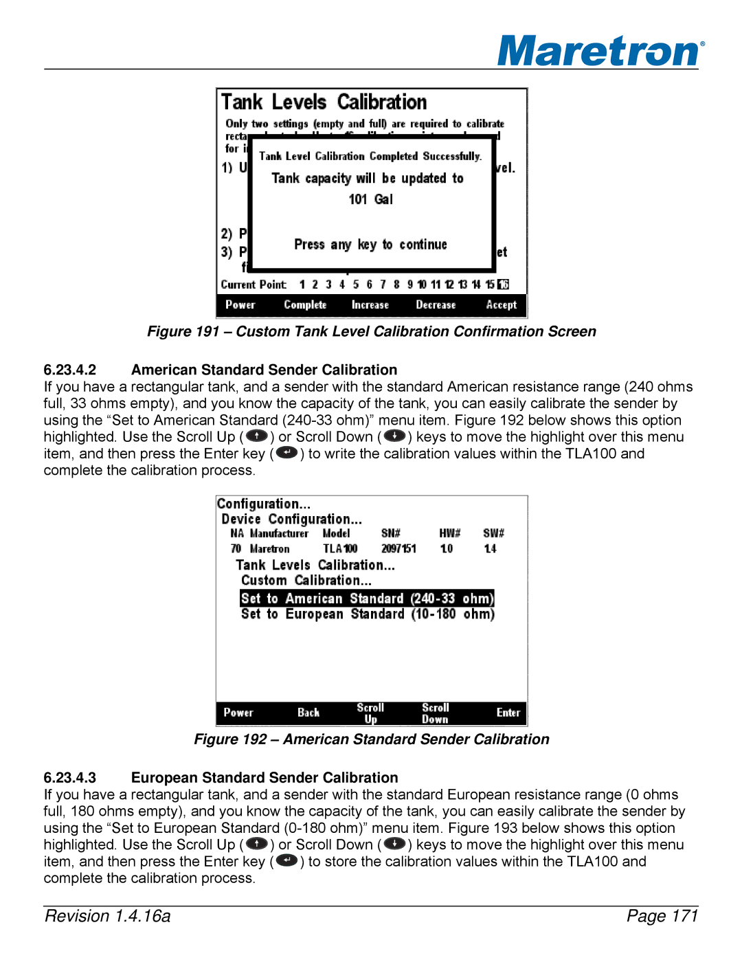 Maretron DSM250-01 user manual American Standard Sender Calibration, European Standard Sender Calibration 