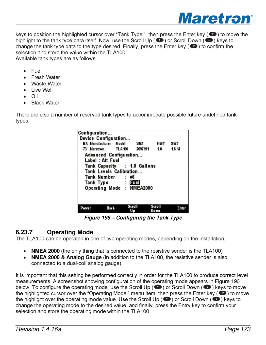 Maretron DSM250-01 user manual Configuring the Tank Type 