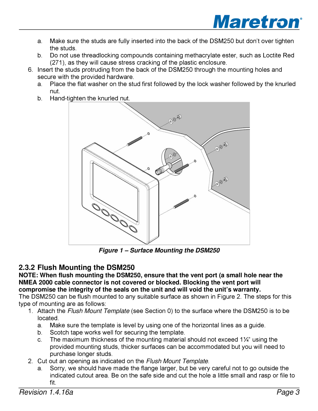 Maretron DSM250-01 user manual Flush Mounting the DSM250, Surface Mounting the DSM250 