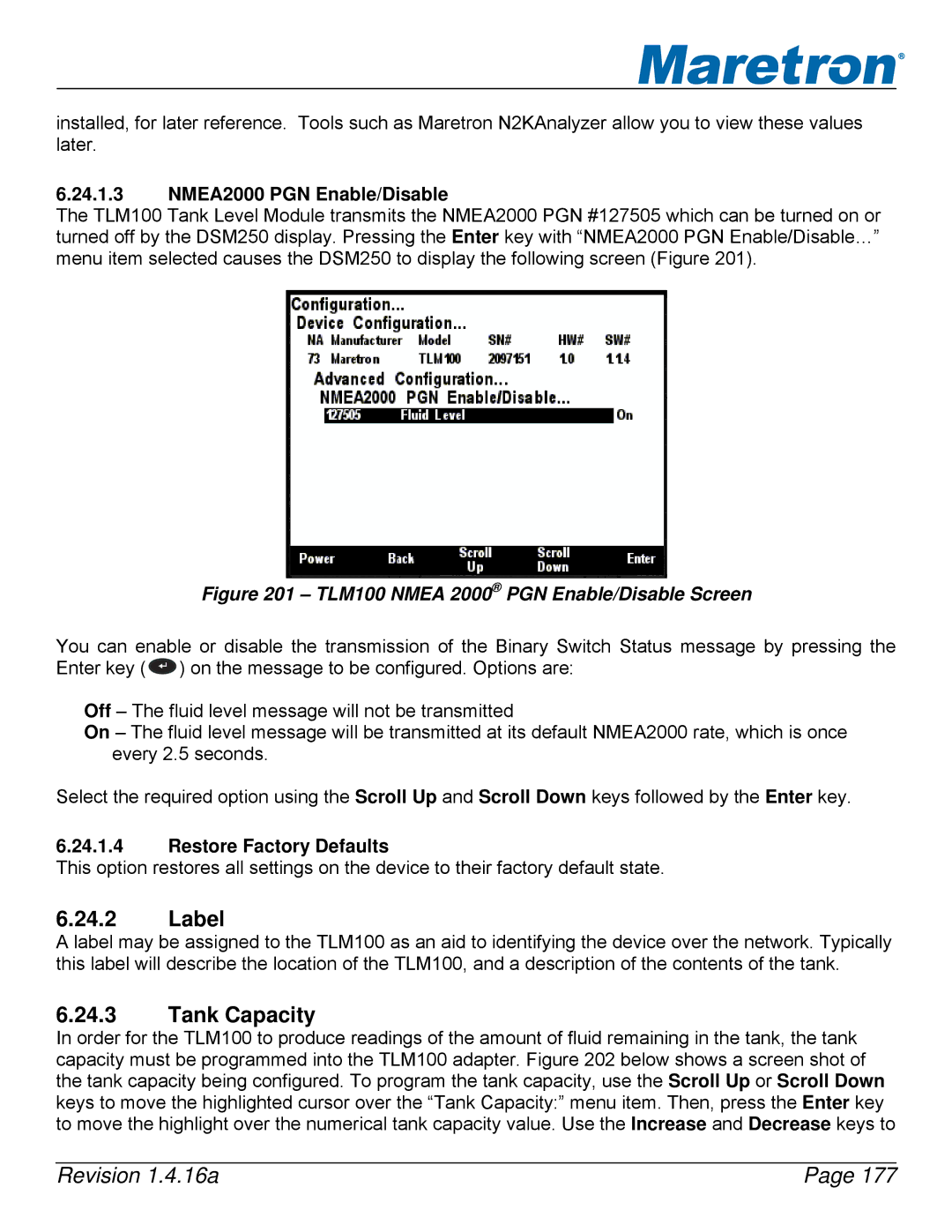 Maretron DSM250-01 user manual TLM100 Nmea 2000 PGN Enable/Disable Screen 