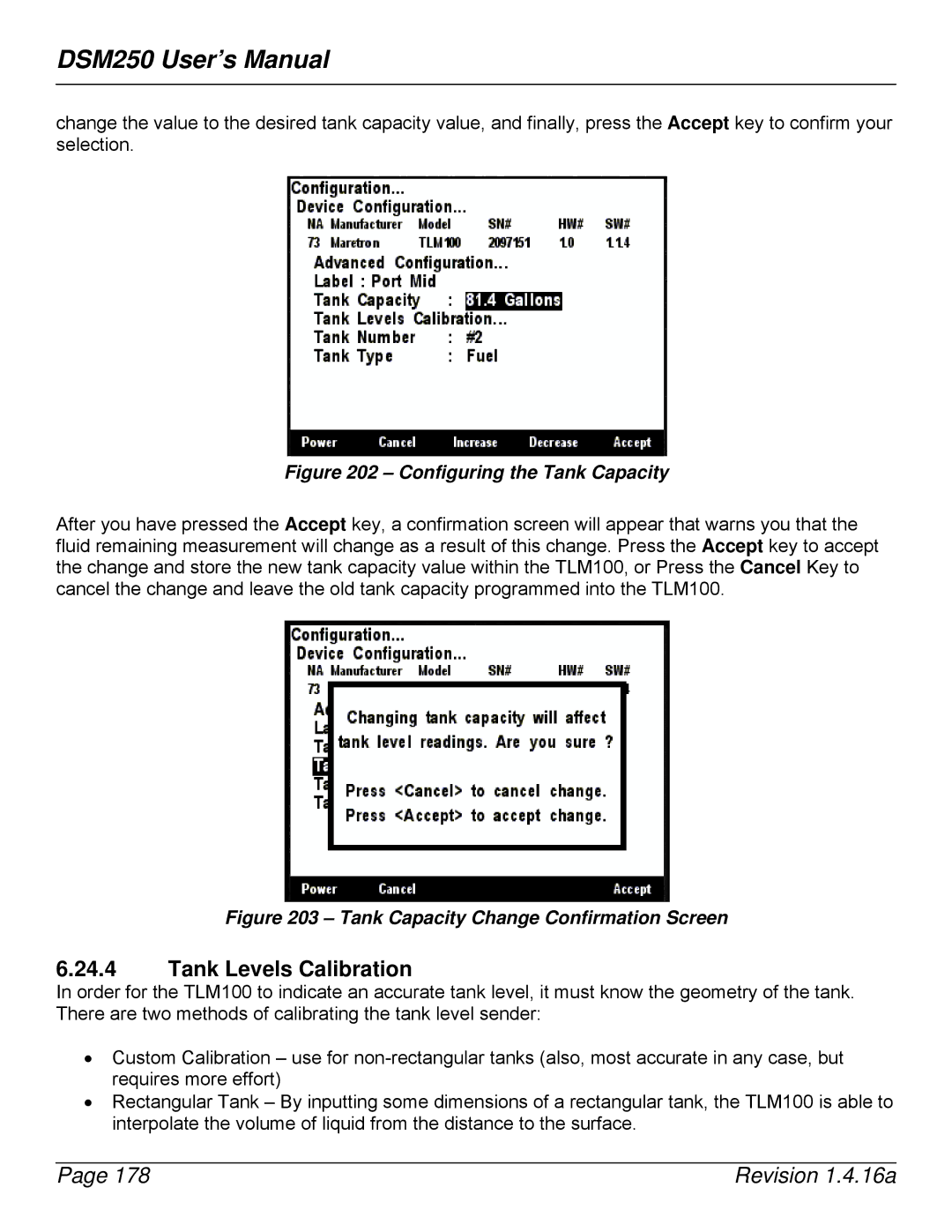 Maretron DSM250-01 user manual Tank Levels Calibration 