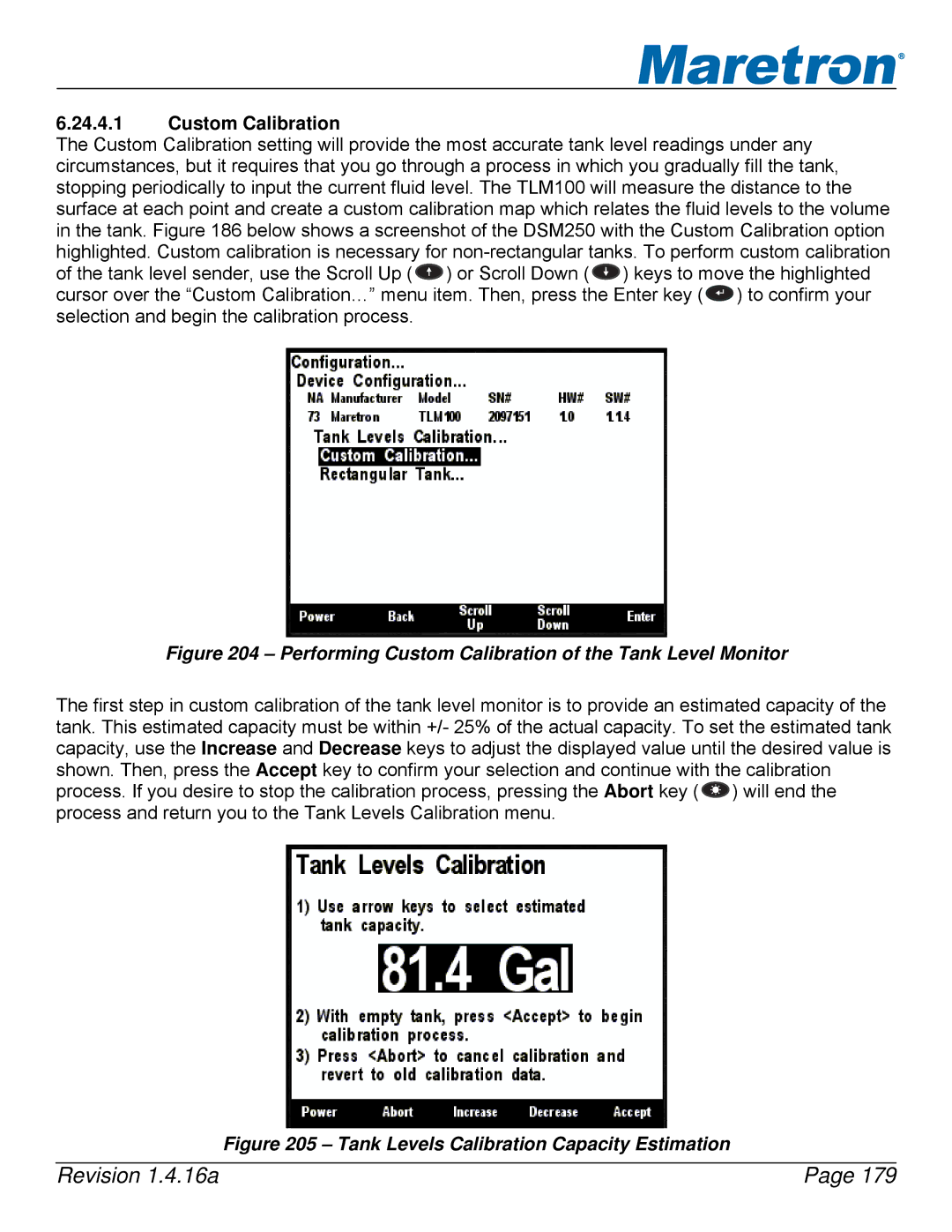 Maretron DSM250-01 user manual Performing Custom Calibration of the Tank Level Monitor 