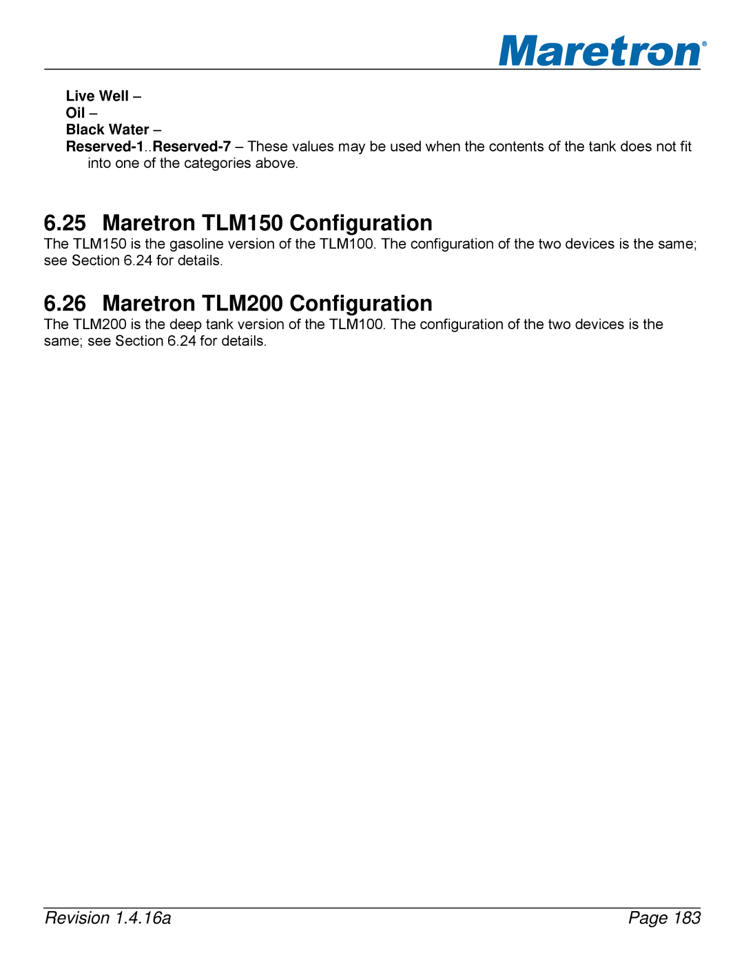 Maretron DSM250-01 user manual Maretron TLM150 Configuration, Maretron TLM200 Configuration, Live Well Oil Black Water 