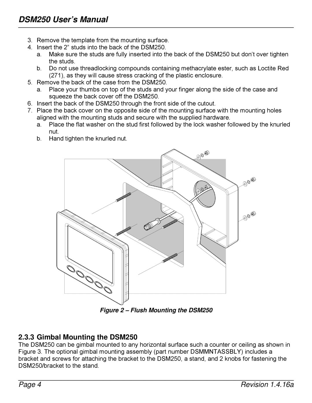 Maretron DSM250-01 user manual Gimbal Mounting the DSM250, Flush Mounting the DSM250 