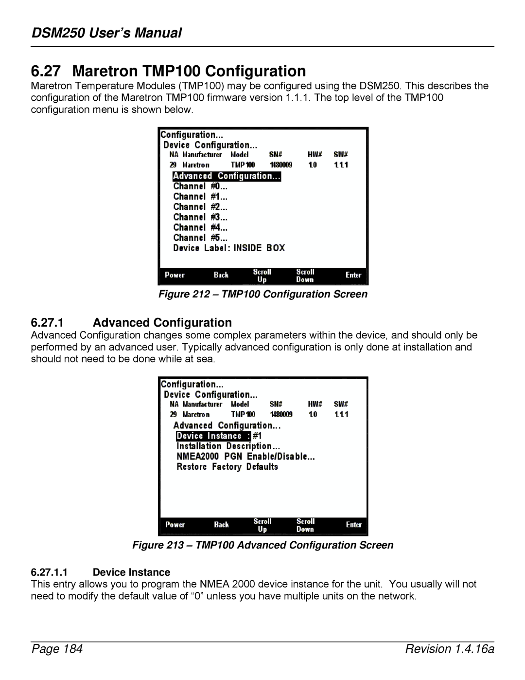 Maretron DSM250-01 user manual Maretron TMP100 Configuration, TMP100 Configuration Screen 