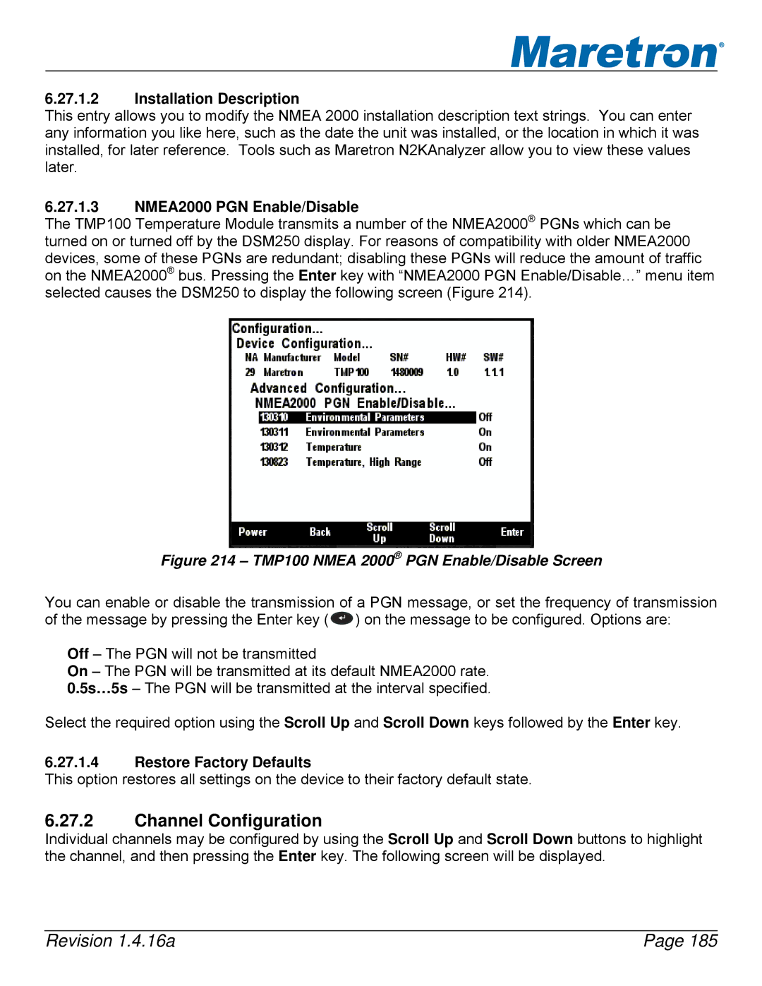 Maretron DSM250-01 user manual TMP100 Nmea 2000 PGN Enable/Disable Screen 