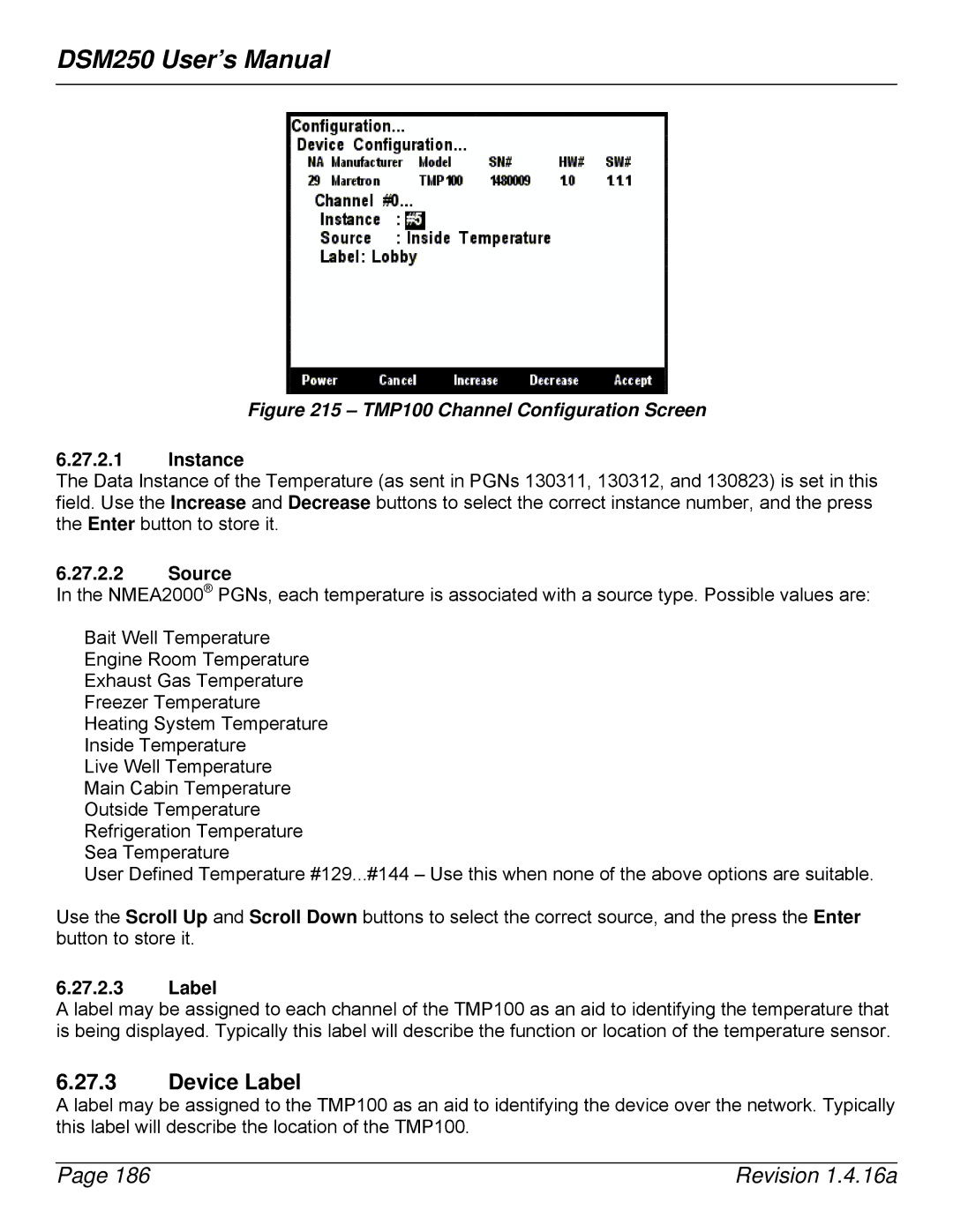 Maretron DSM250-01 user manual TMP100 Channel Configuration Screen, Source 