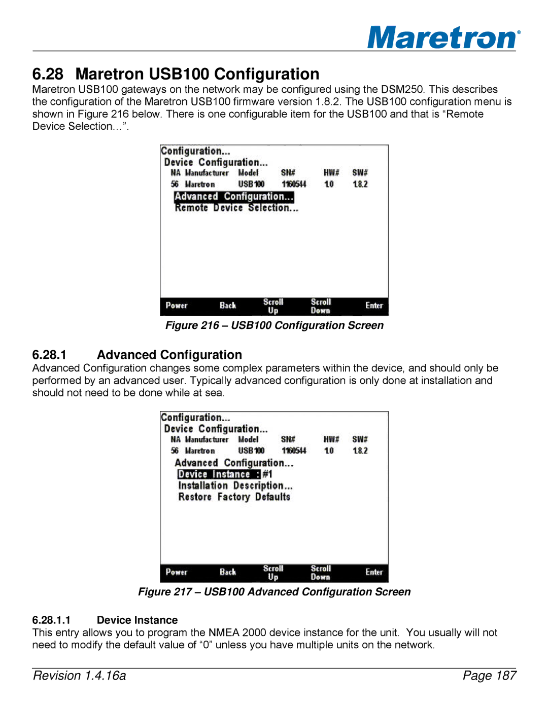 Maretron DSM250-01 user manual Maretron USB100 Configuration, USB100 Configuration Screen 