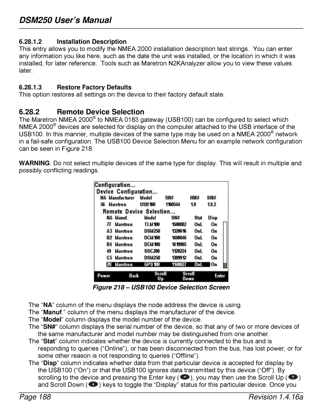 Maretron DSM250-01 user manual USB100 Device Selection Screen 