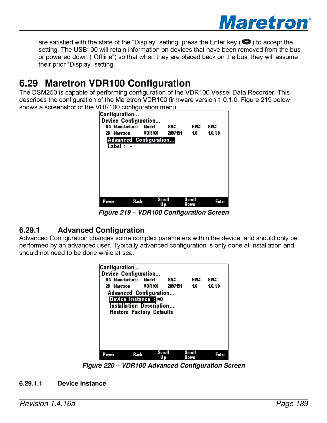 Maretron DSM250-01 user manual Maretron VDR100 Configuration, VDR100 Configuration Screen 