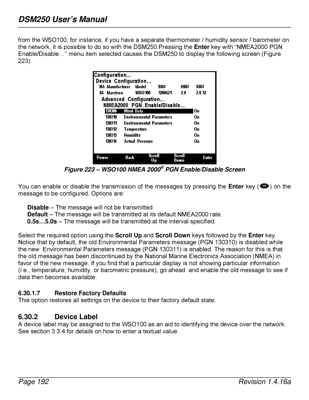 Maretron DSM250-01 user manual WSO100 Nmea 2000 PGN Enable/Disable Screen 