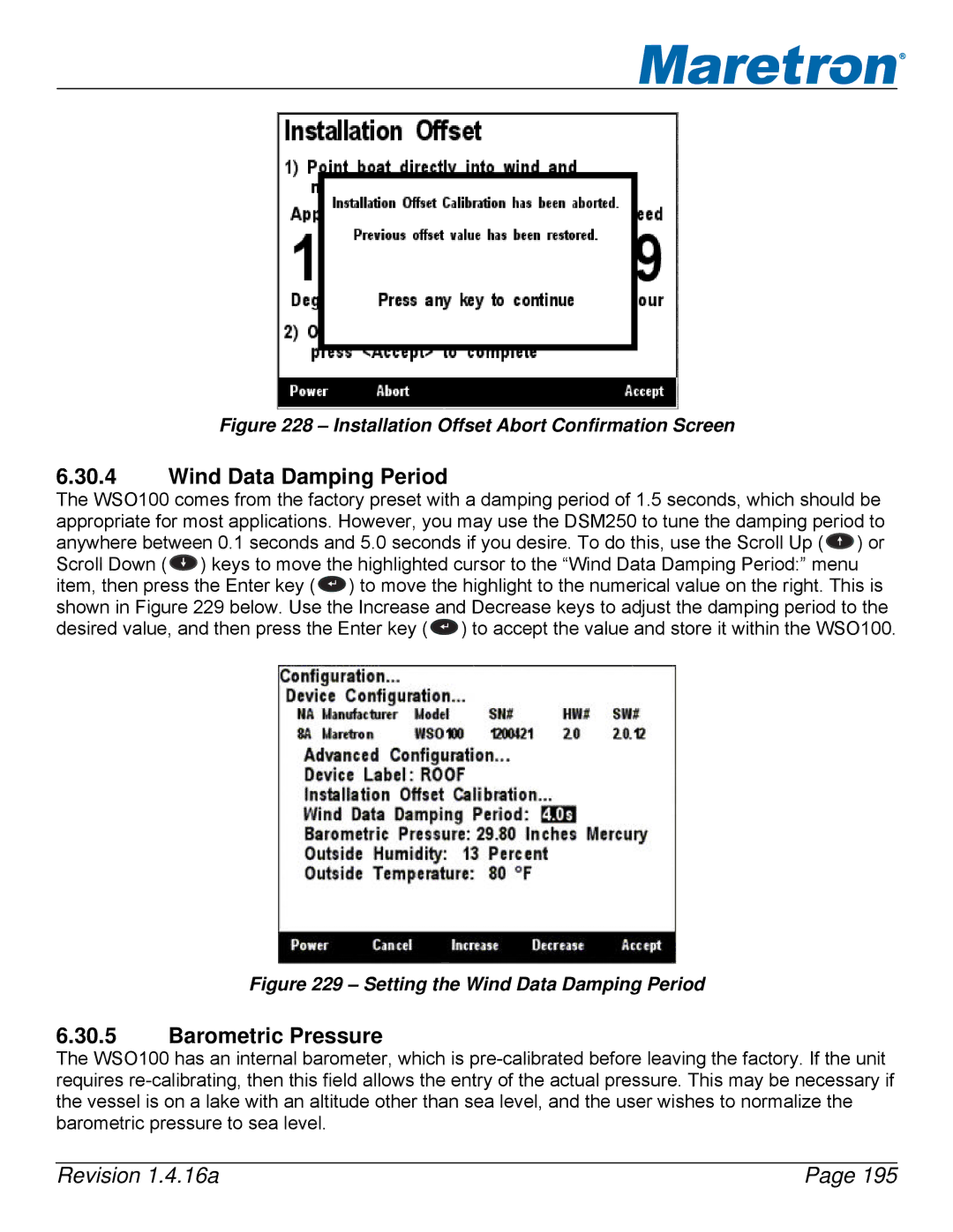 Maretron DSM250-01 user manual Wind Data Damping Period, Barometric Pressure 