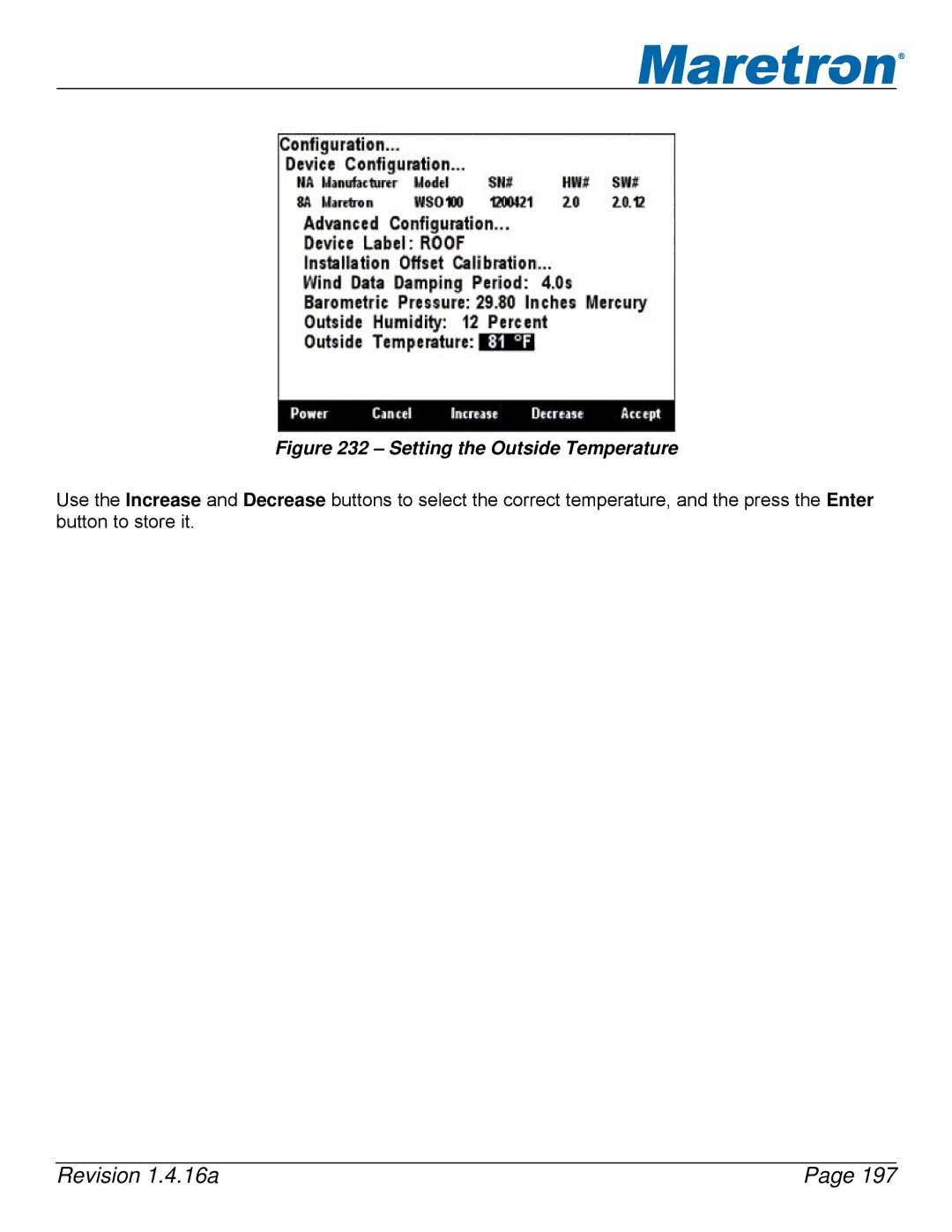 Maretron DSM250-01 user manual Setting the Outside Temperature 