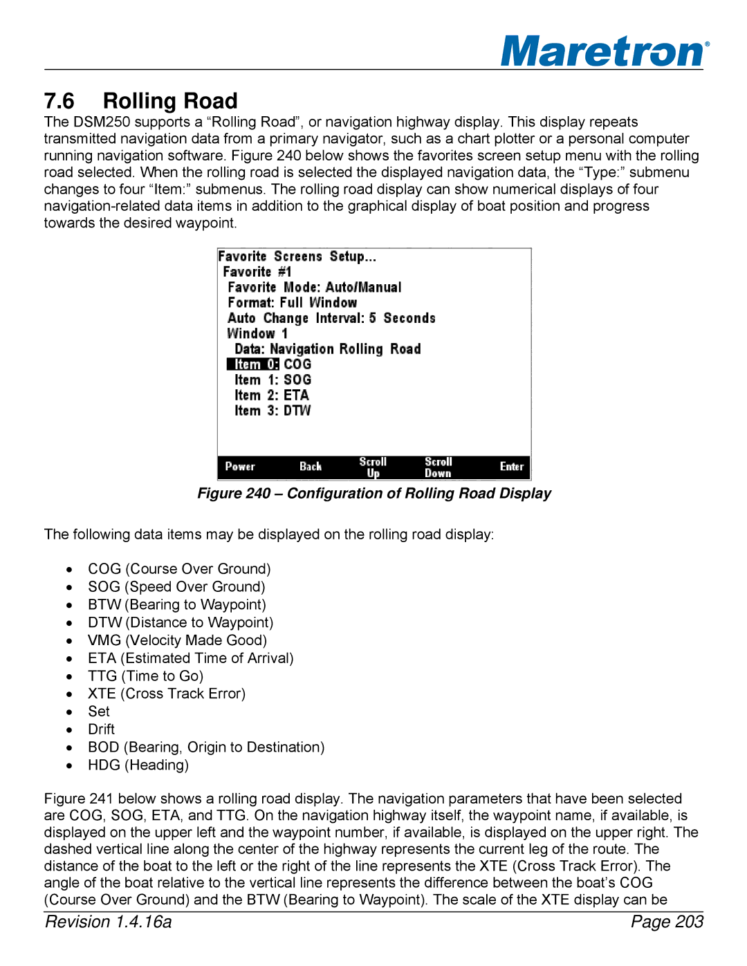 Maretron DSM250-01 user manual Configuration of Rolling Road Display 