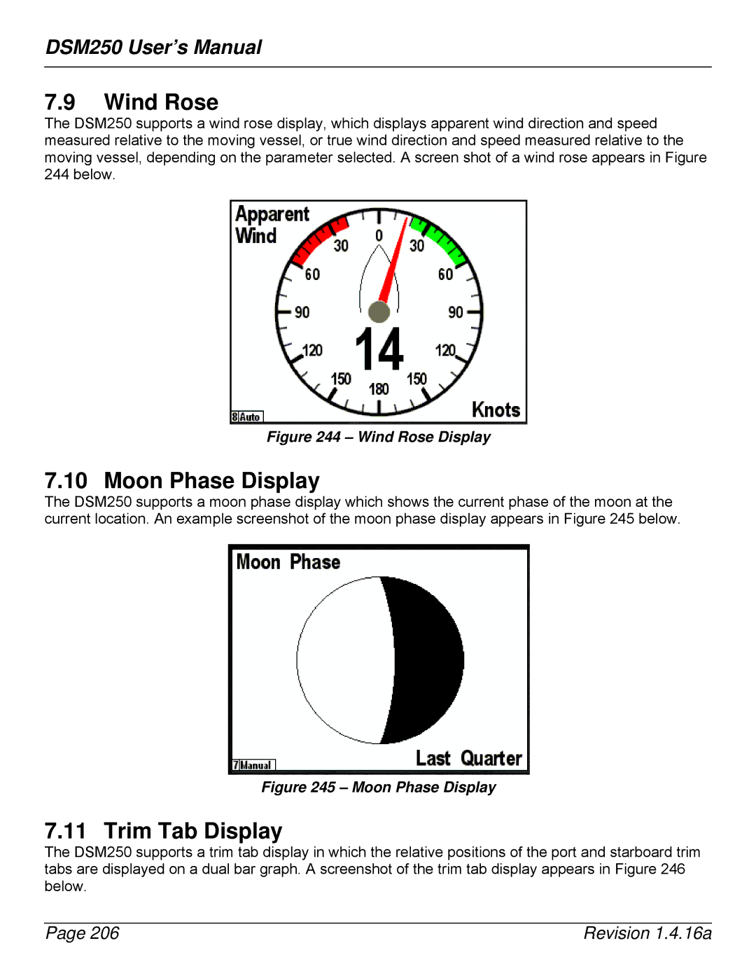 Maretron DSM250-01 user manual Wind Rose, Moon Phase Display, Trim Tab Display 