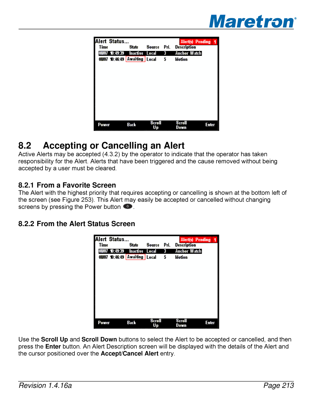 Maretron DSM250-01 user manual Accepting or Cancelling an Alert, From a Favorite Screen, From the Alert Status Screen 