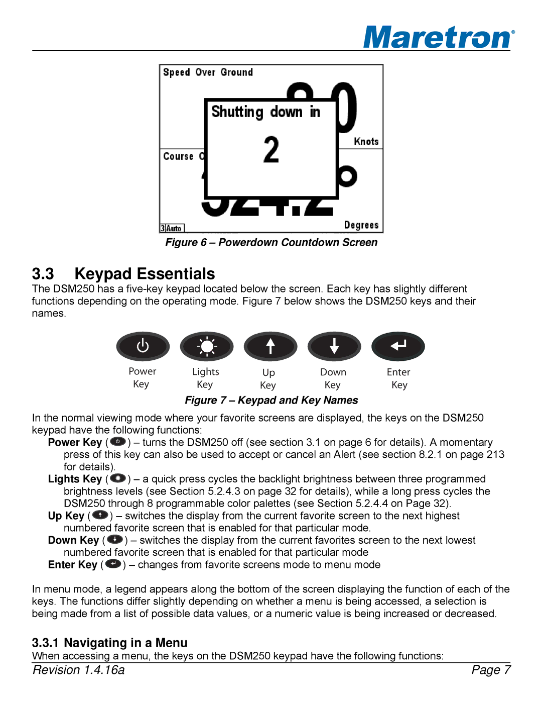 Maretron DSM250-01 user manual Keypad Essentials, Navigating in a Menu 