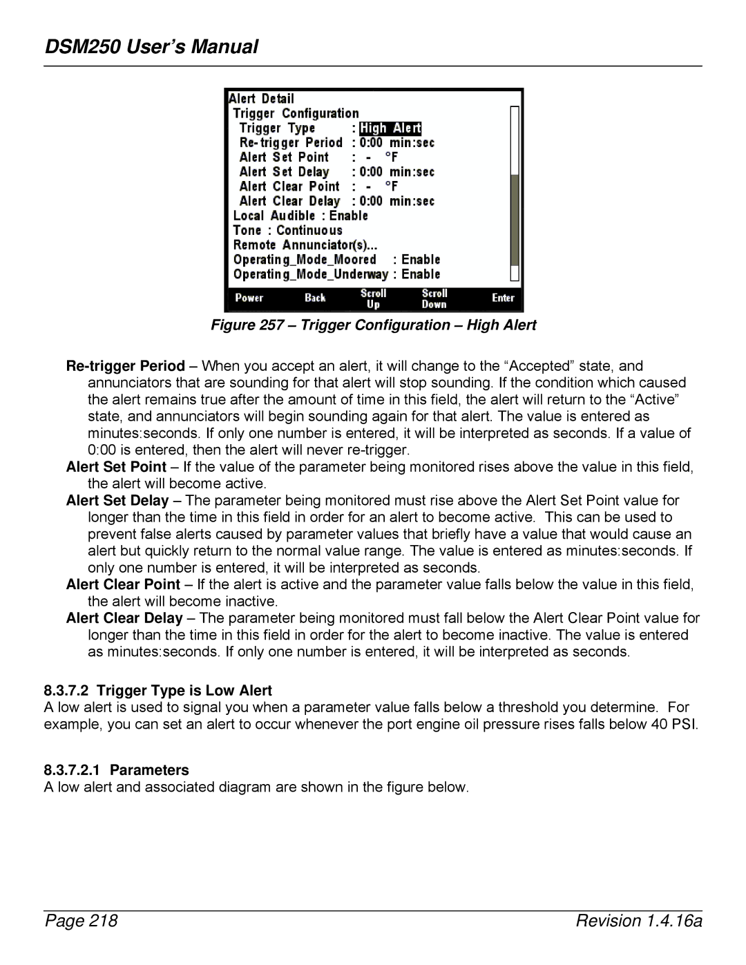 Maretron DSM250-01 user manual Trigger Type is Low Alert, Parameters 