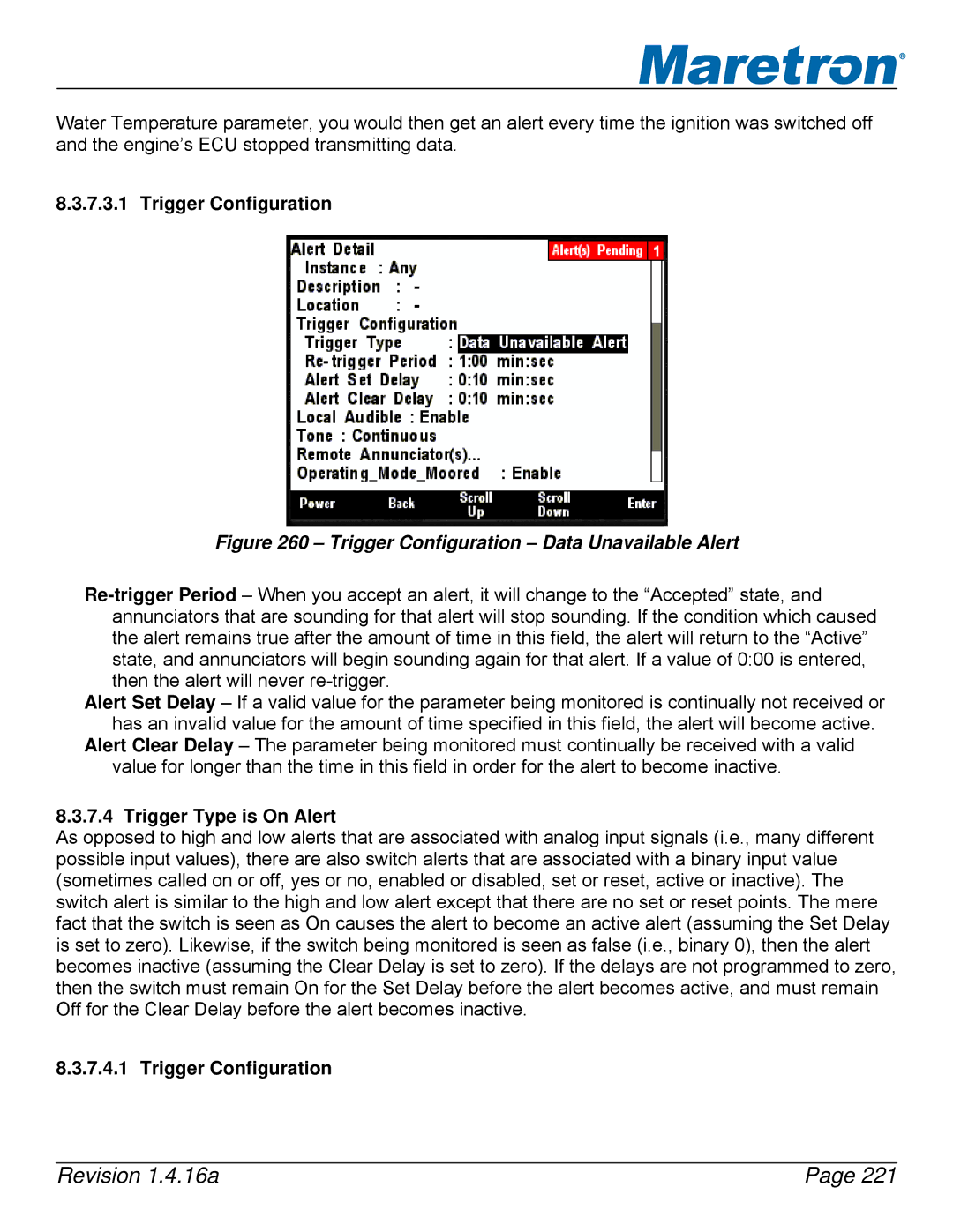 Maretron DSM250-01 user manual Trigger Configuration Data Unavailable Alert, Trigger Type is On Alert 