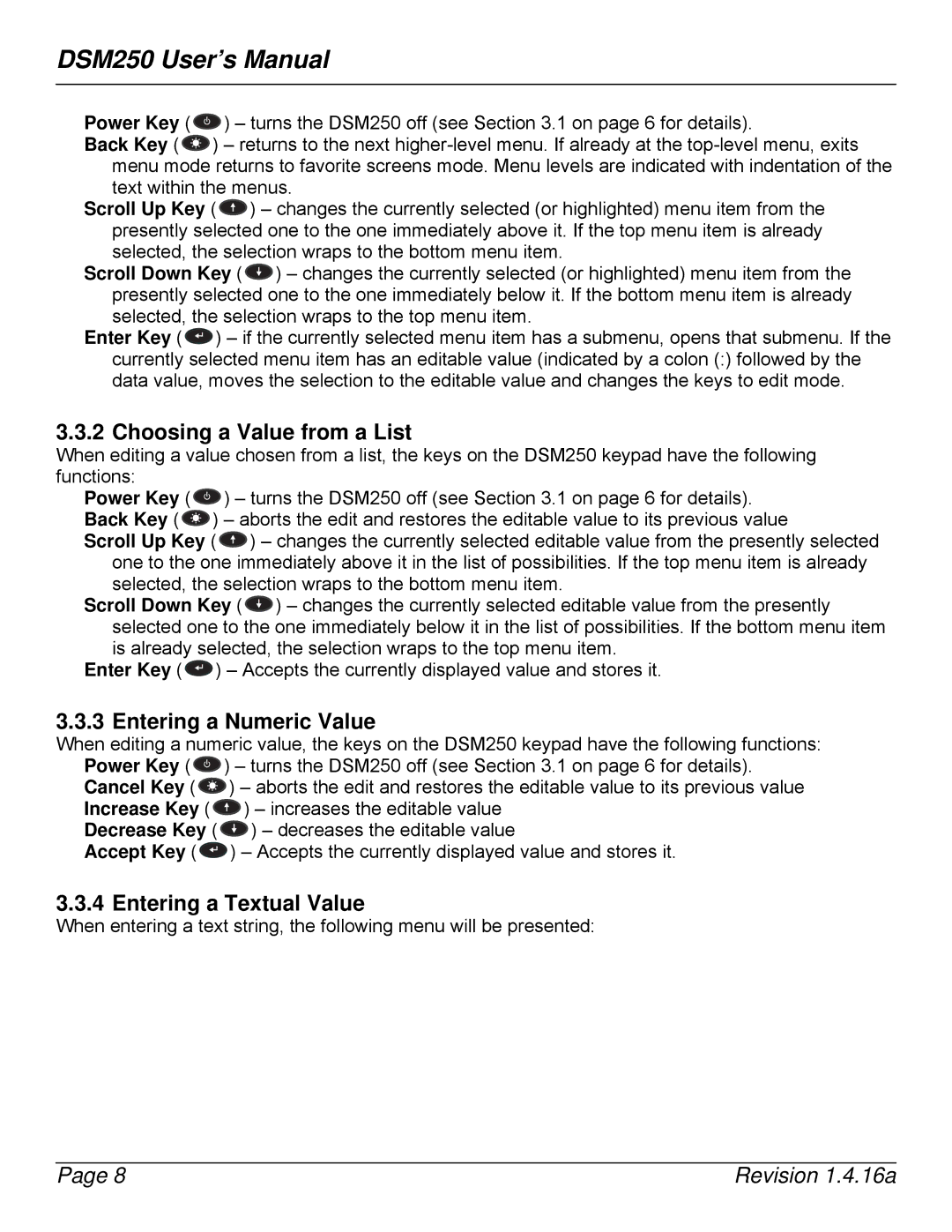 Maretron DSM250-01 user manual Choosing a Value from a List, Entering a Numeric Value, Entering a Textual Value 