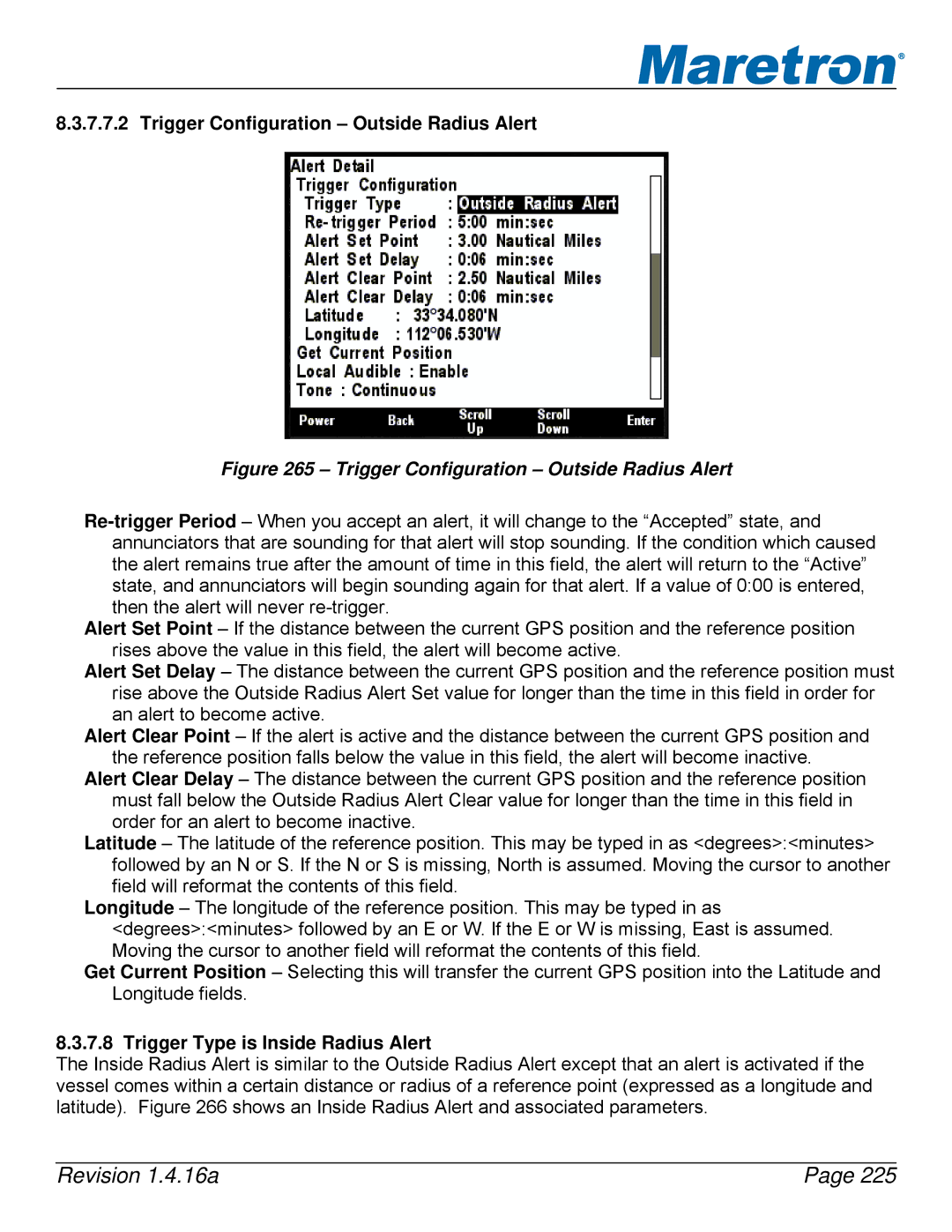 Maretron DSM250-01 user manual Trigger Configuration Outside Radius Alert, Trigger Type is Inside Radius Alert 