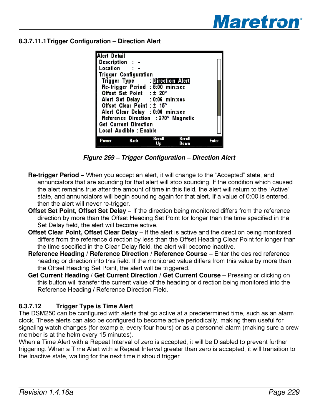 Maretron DSM250-01 user manual 7.11.1Trigger Configuration Direction Alert, Trigger Type is Time Alert 