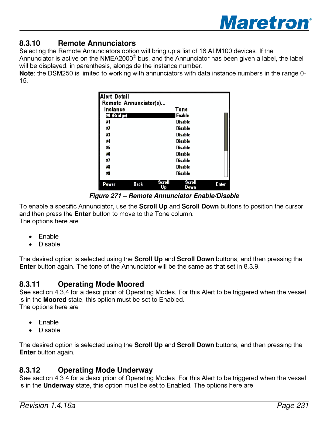 Maretron DSM250-01 user manual Remote Annunciators, Operating Mode Moored, Operating Mode Underway 