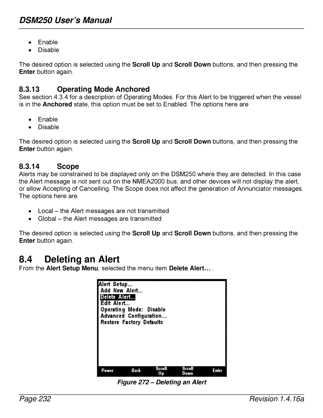 Maretron DSM250-01 user manual Deleting an Alert, Operating Mode Anchored, Scope 