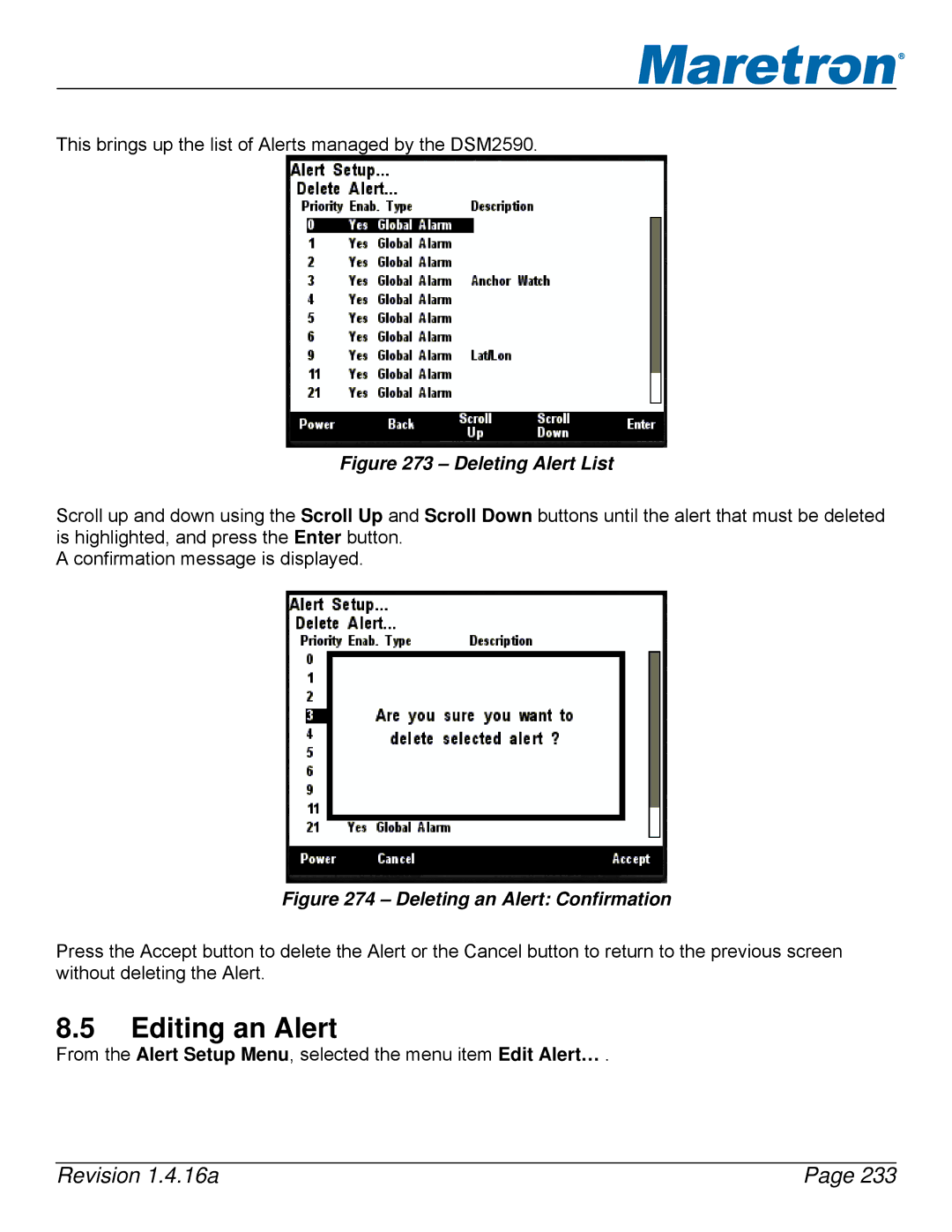 Maretron DSM250-01 user manual Editing an Alert, Deleting Alert List 