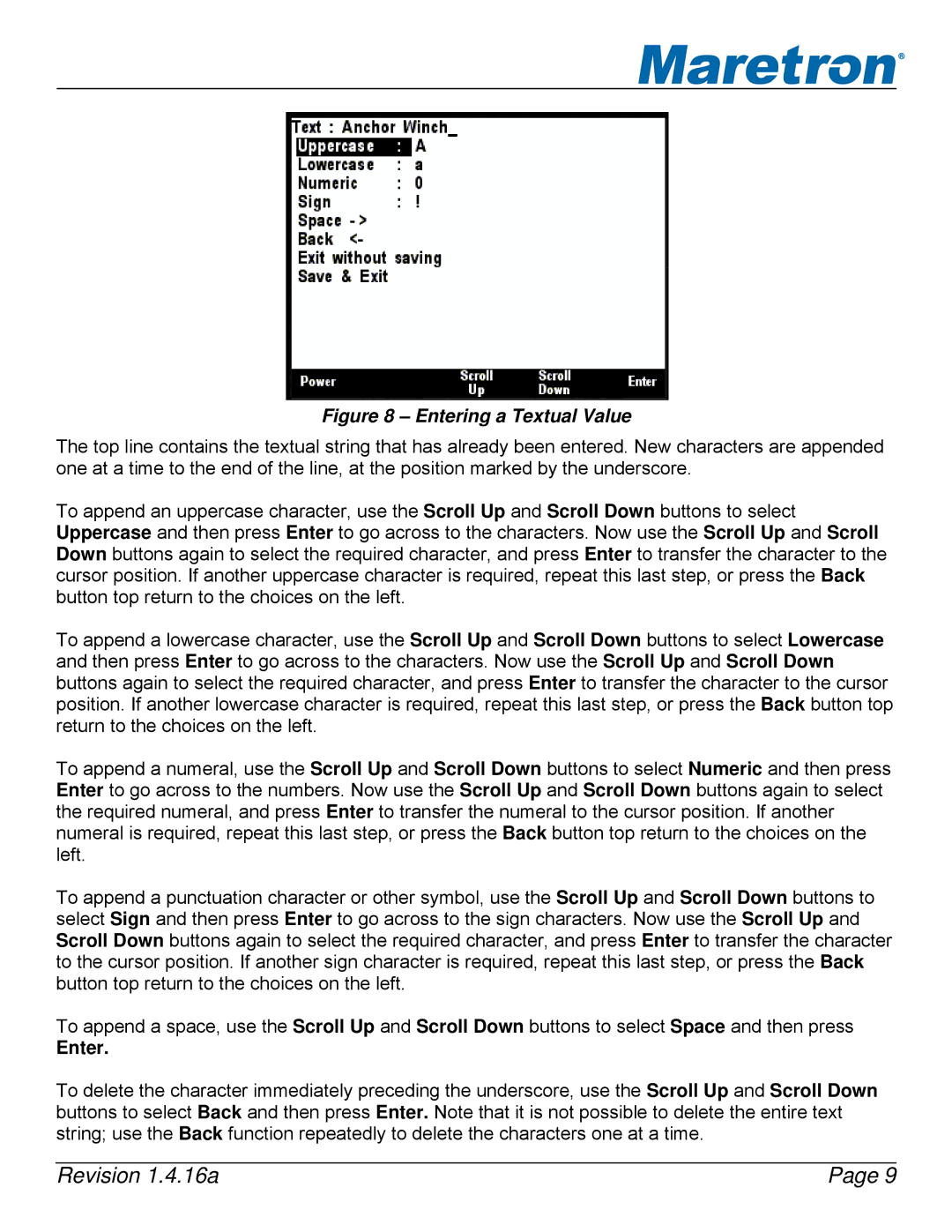 Maretron DSM250-01 user manual Entering a Textual Value 