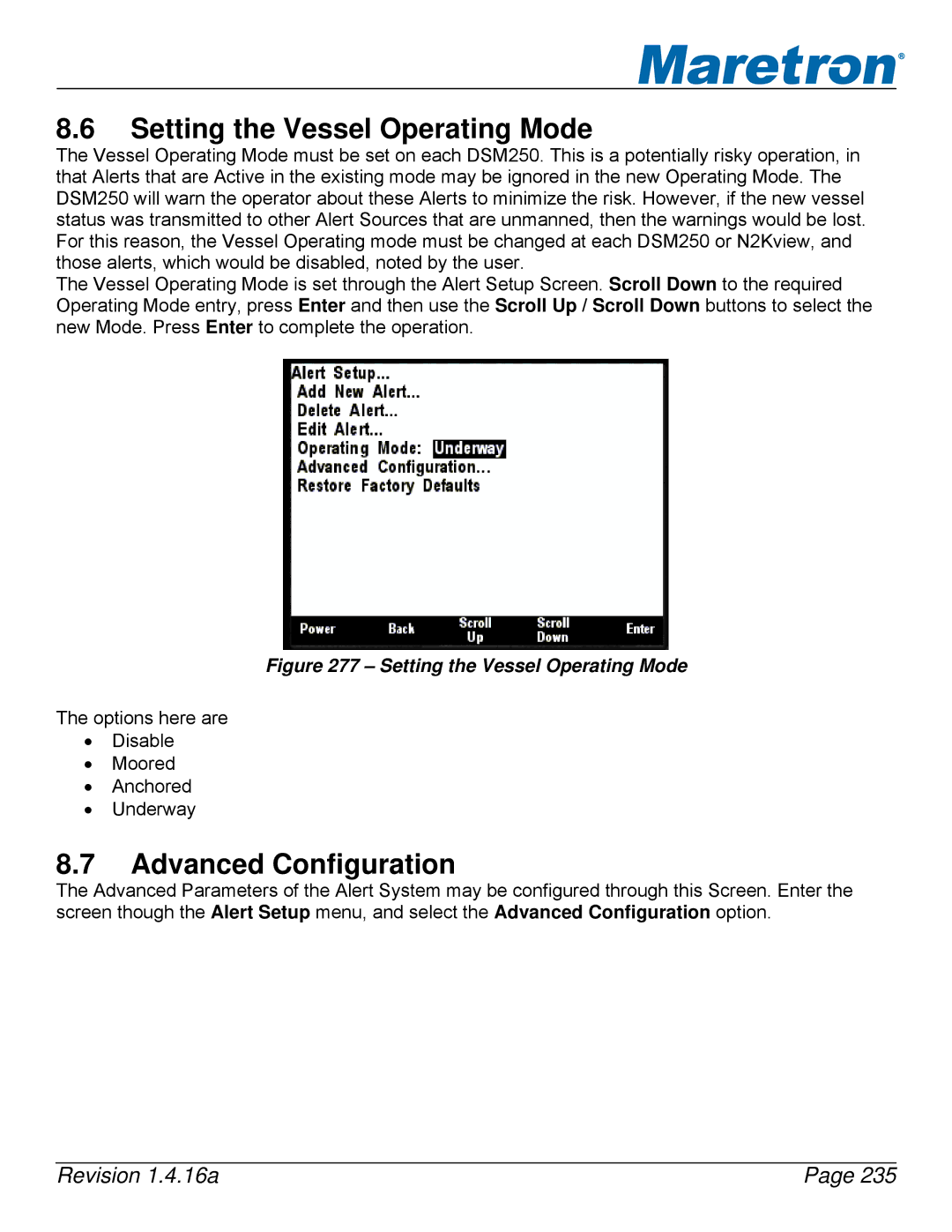 Maretron DSM250-01 user manual Setting the Vessel Operating Mode, Advanced Configuration 