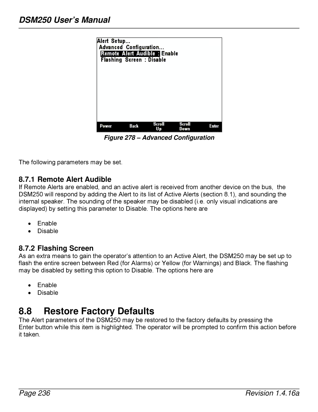 Maretron DSM250-01 user manual Restore Factory Defaults, Remote Alert Audible, Flashing Screen 