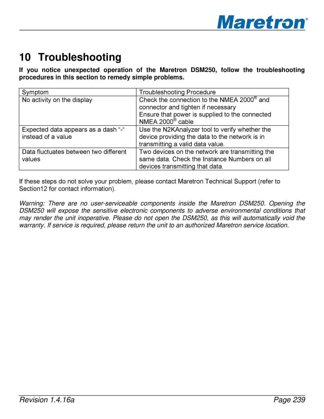 Maretron DSM250-01 user manual Troubleshooting 