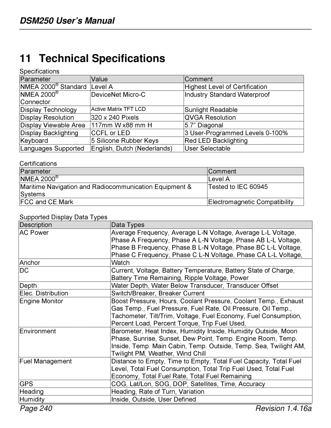 Maretron DSM250-01 user manual Technical Specifications 