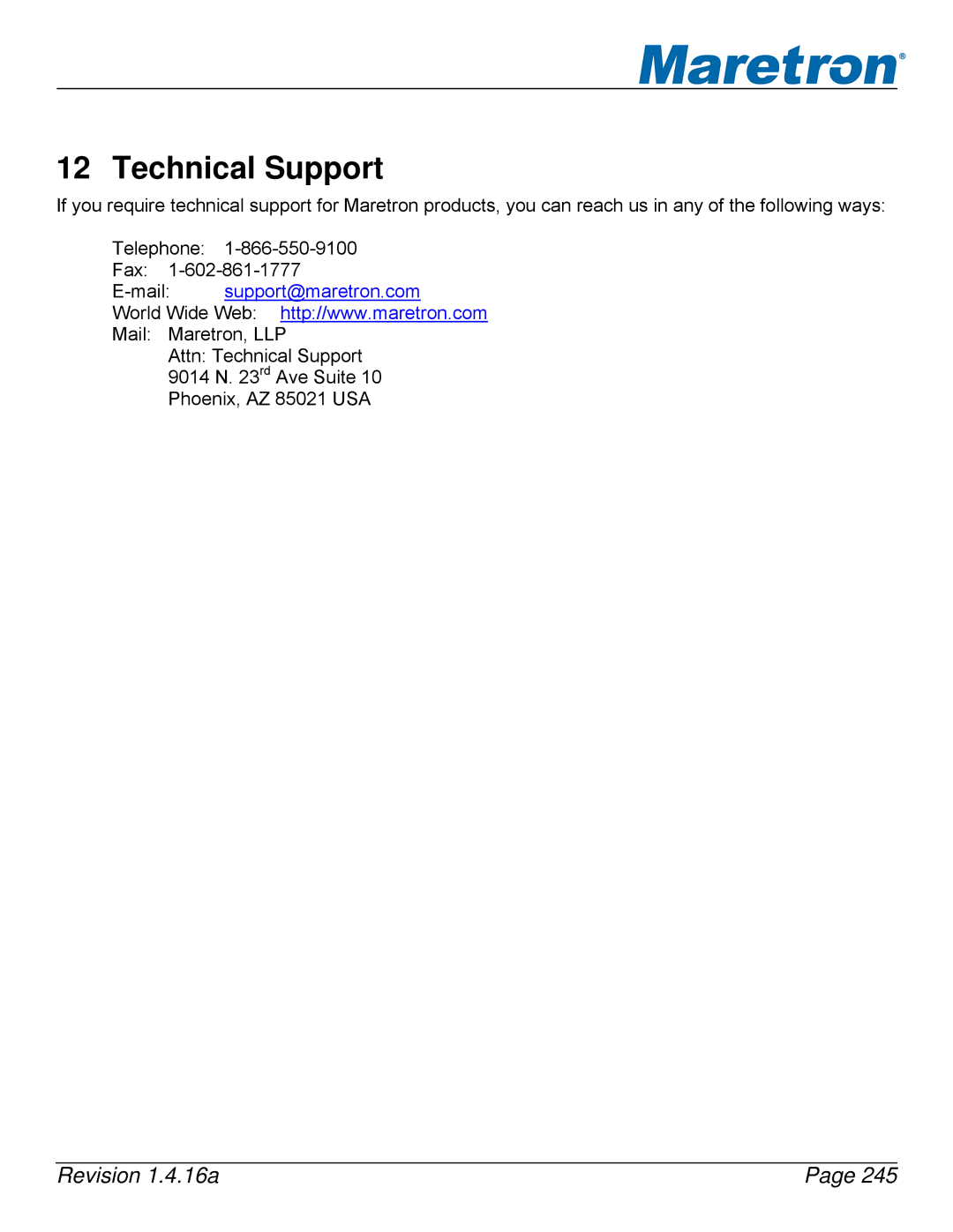 Maretron DSM250-01 user manual Technical Support 