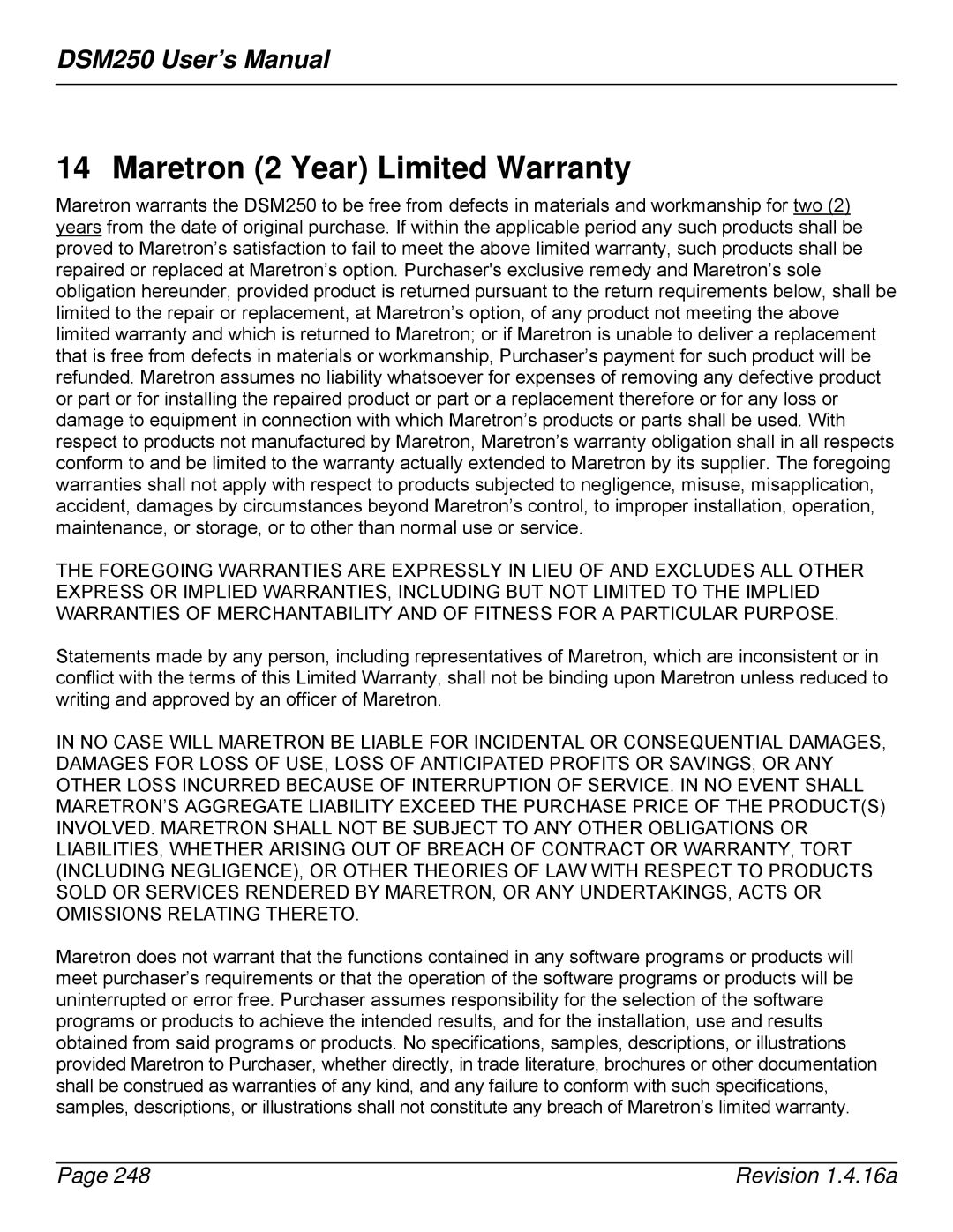 Maretron DSM250-01 user manual Maretron 2 Year Limited Warranty 