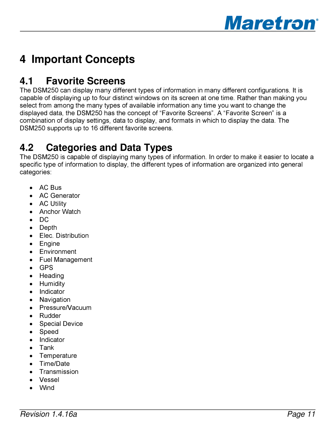 Maretron DSM250-01 user manual Favorite Screens, Categories and Data Types 