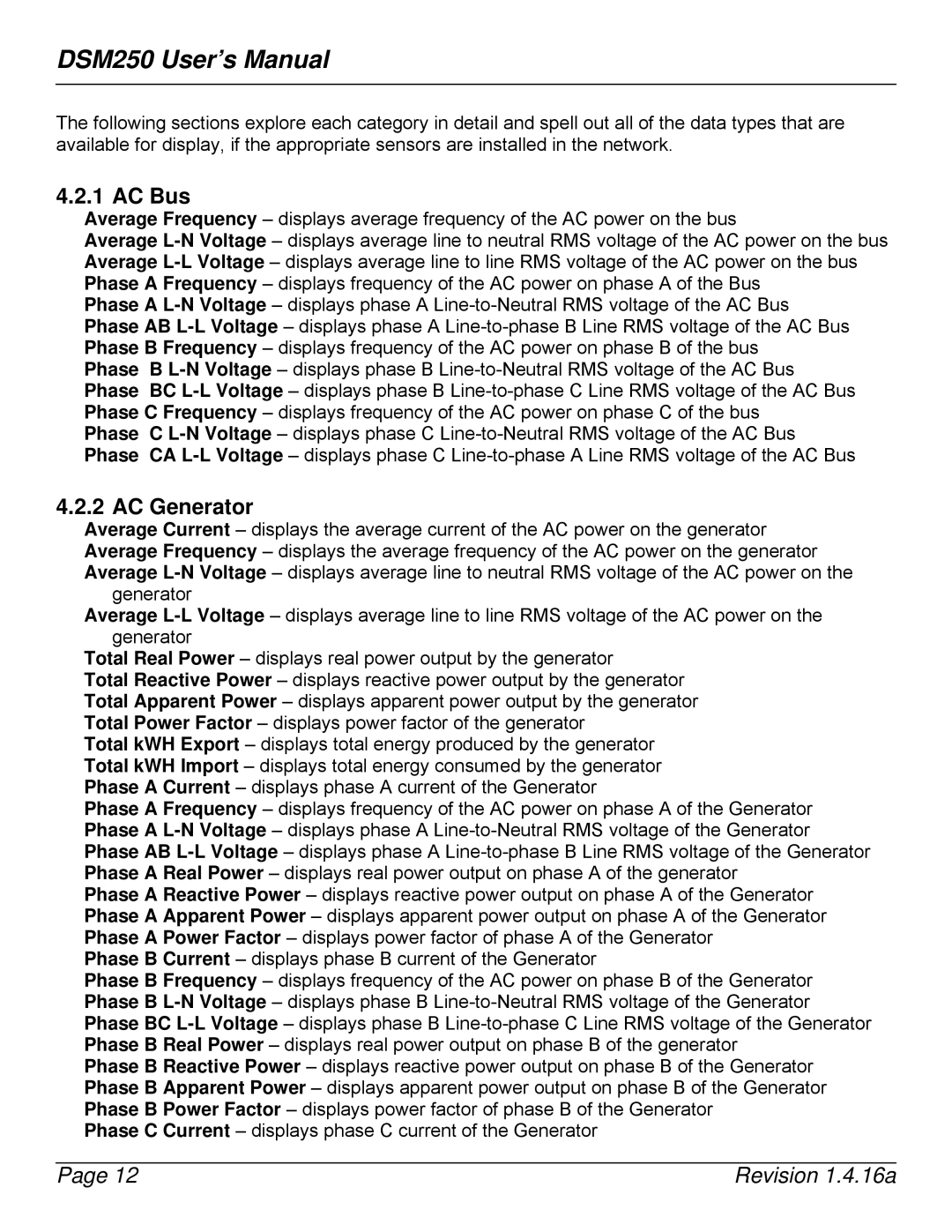 Maretron DSM250-01 user manual AC Bus, AC Generator 