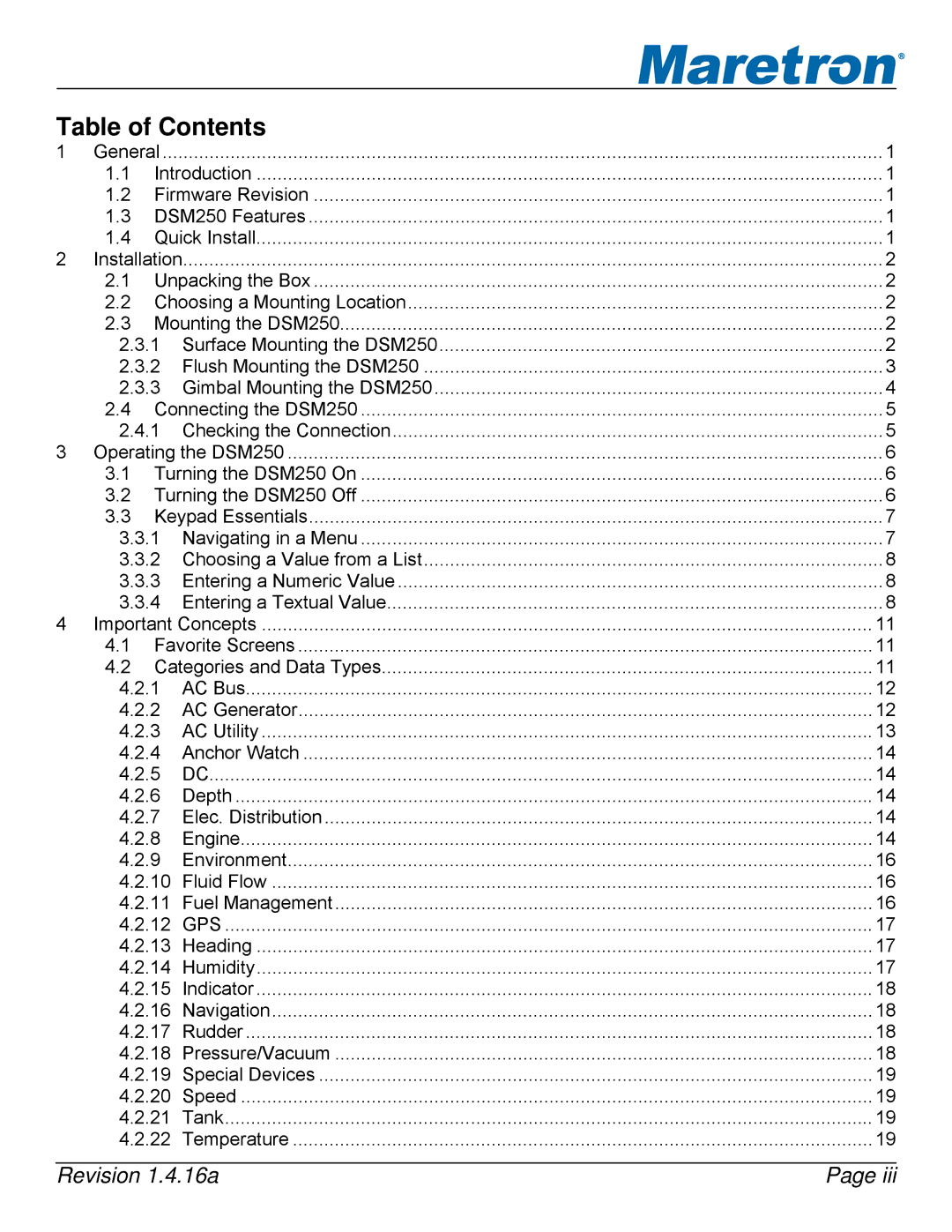 Maretron DSM250-01 user manual Table of Contents 