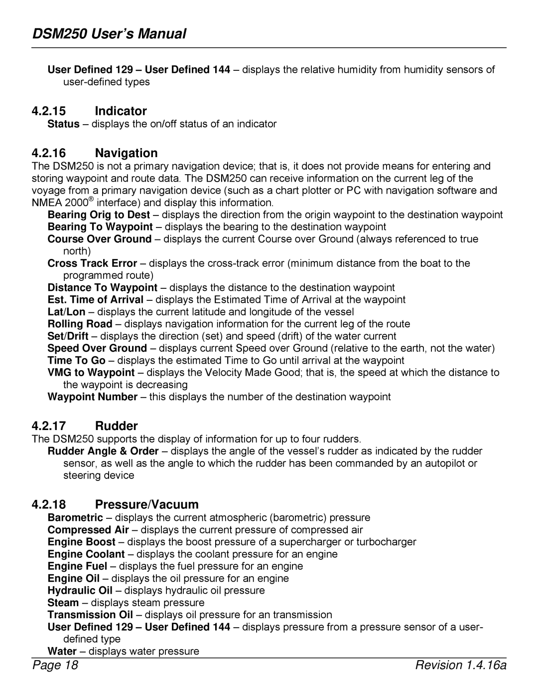 Maretron DSM250-01 user manual Indicator, Navigation, Rudder, Pressure/Vacuum 