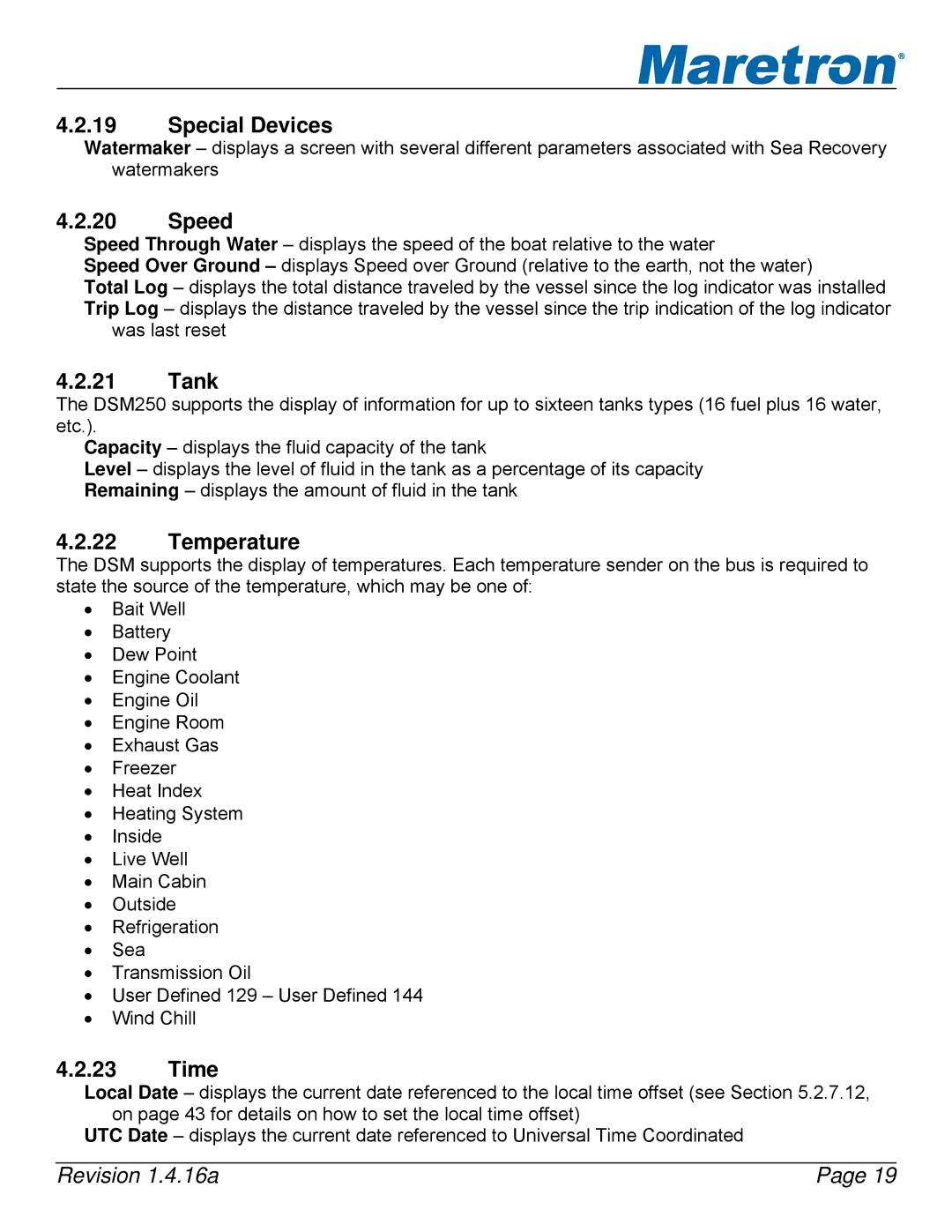 Maretron DSM250-01 user manual Special Devices, Speed, Tank, Temperature, Time 